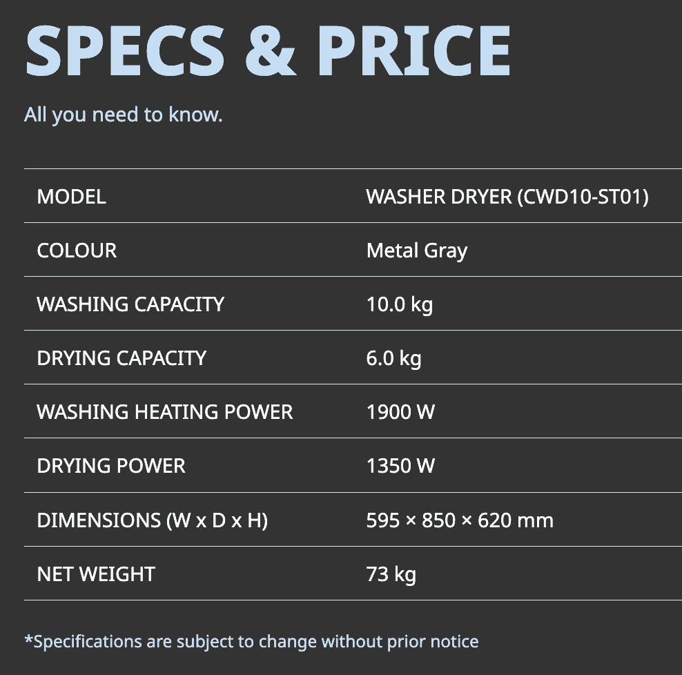Coway Specs Details Washer Dryer