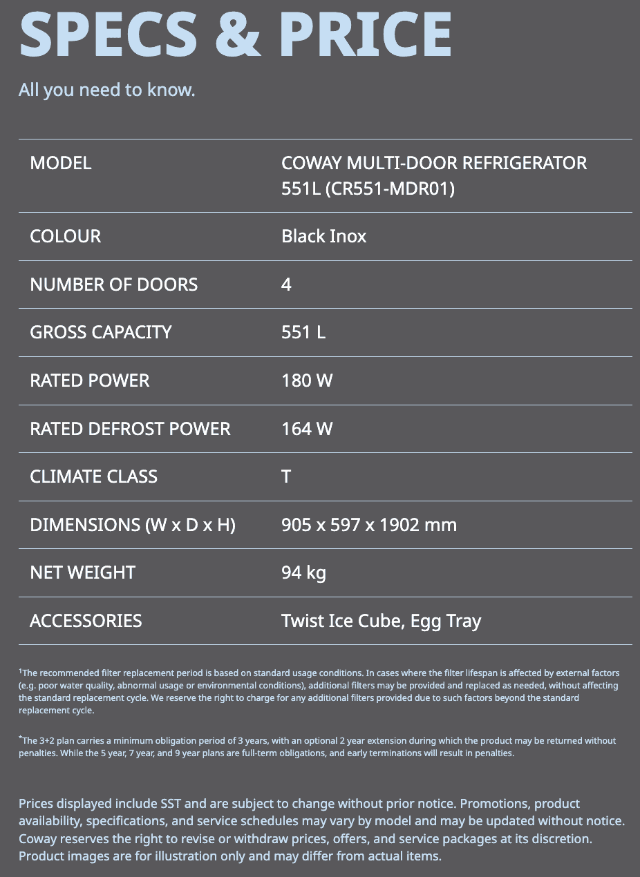Jadual spesifikasi Coway Multi-Door CR551-MDR01